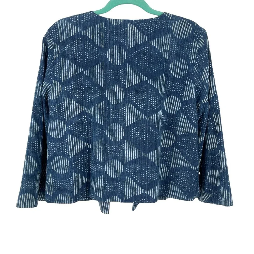 Eileen Fisher HAND-PRINTED Jacket Womens M/M Organic Cotton Indigo Blue Cardigan - Picture 3 of 7